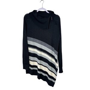 Smartwool Cascade Valley Asymmetric Tunic Sweater Women L Black Stripe Zip Cowl